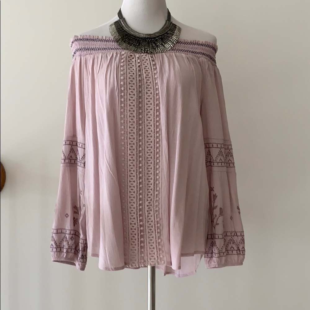 Embroidered boho off the shoulder long sleeve top